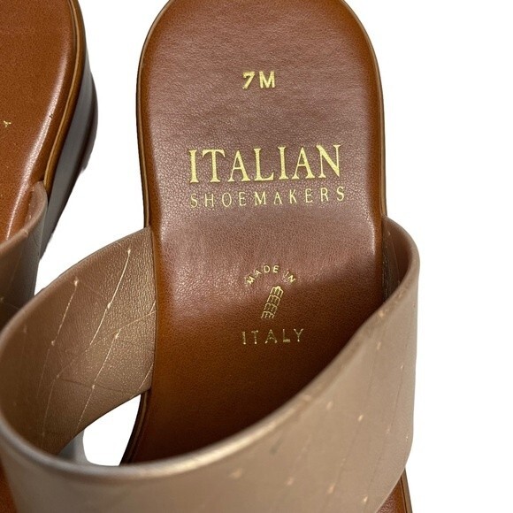 Italian Shoemakers Tan and Gold Slides Sandals 2 inch Heels, size 7M - Picture 7 of 12